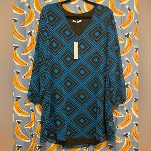 Blue and Black Long Sleeve Graphic Tunic Dress